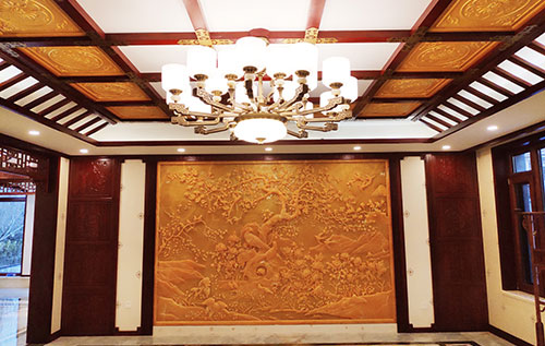 济宁中式别墅客厅中式木作横梁吊顶装饰展示