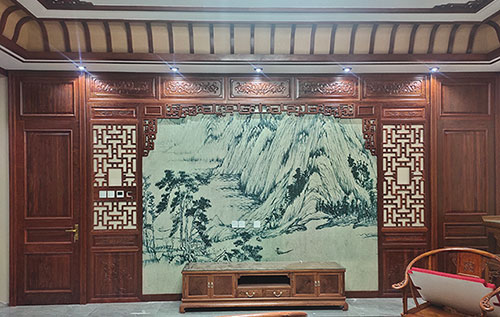 济宁中式仿古别墅客厅背景墙花格木作装饰
